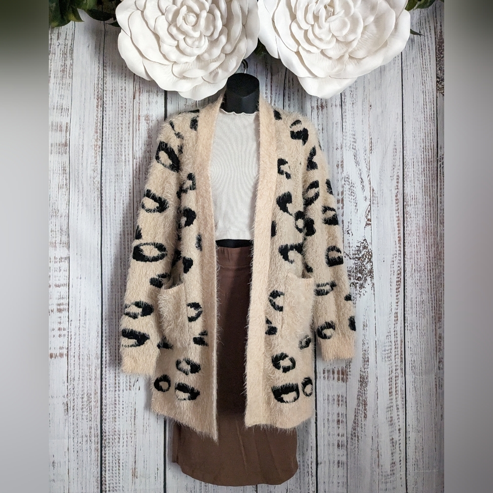 Leopard Print Cream and Black Women's Eyelash Sweater Cardigan